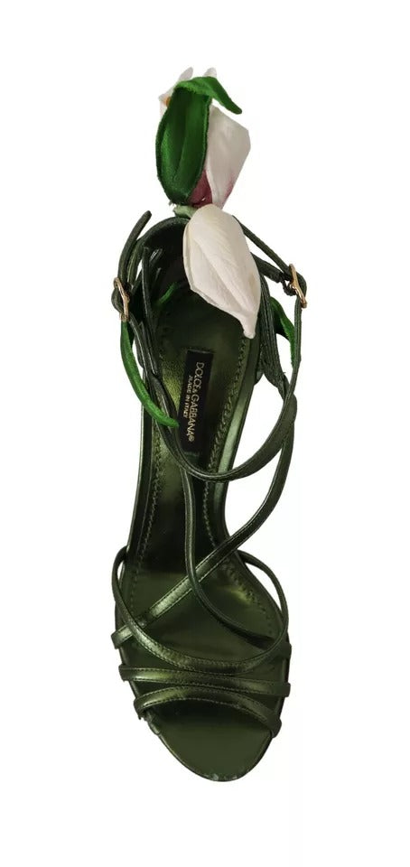 Sandales à talons et brides fleuries en cuir vert acide Dolce & Gabbana