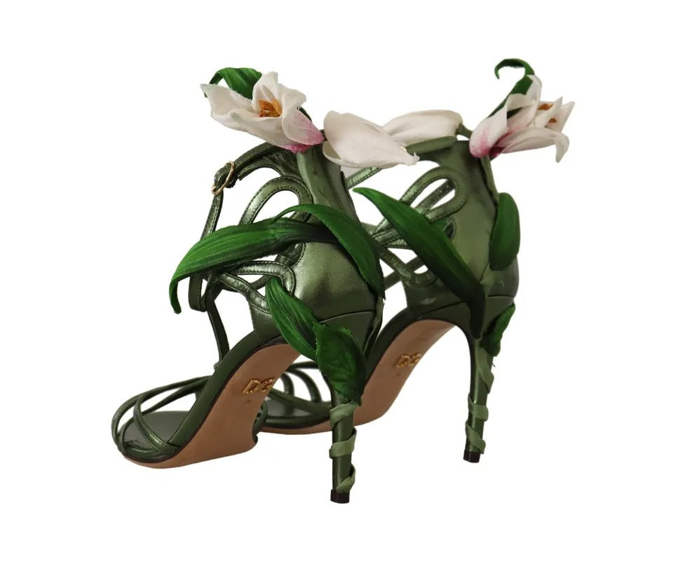 Sandales à talons et brides fleuries en cuir vert acide Dolce & Gabbana