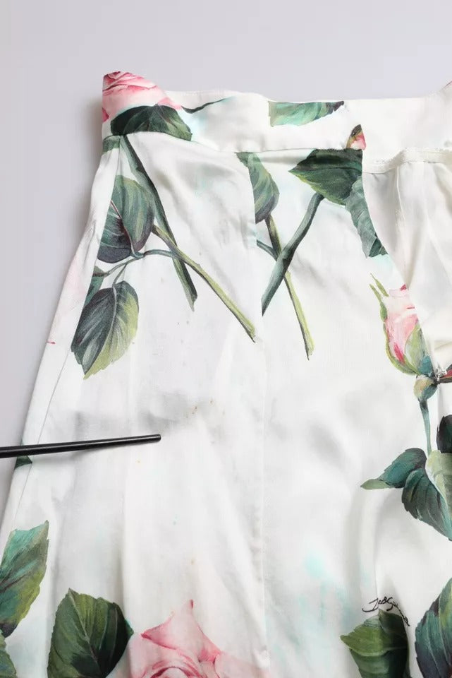 Jupe mi-longue trapèze taille haute à imprimé roses blanches Dolce & Gabbana