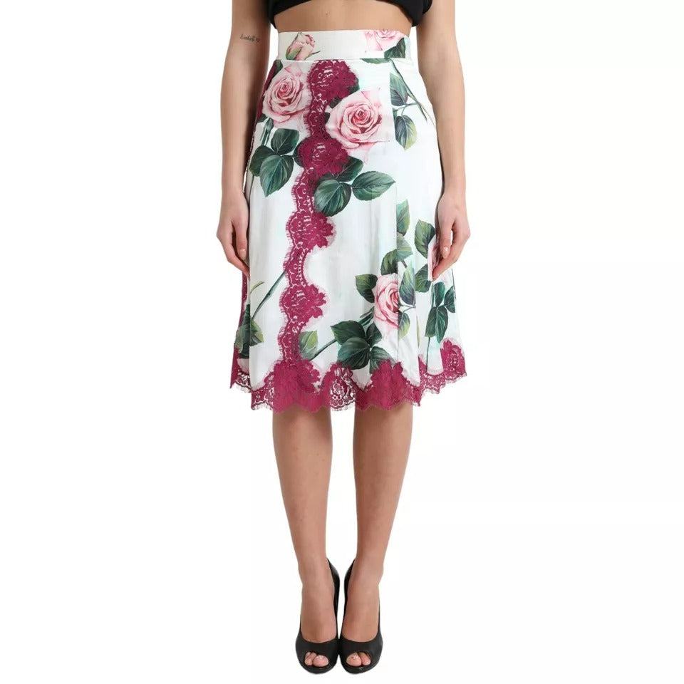 Jupe mi-longue trapèze taille haute à imprimé roses blanches Dolce & Gabbana