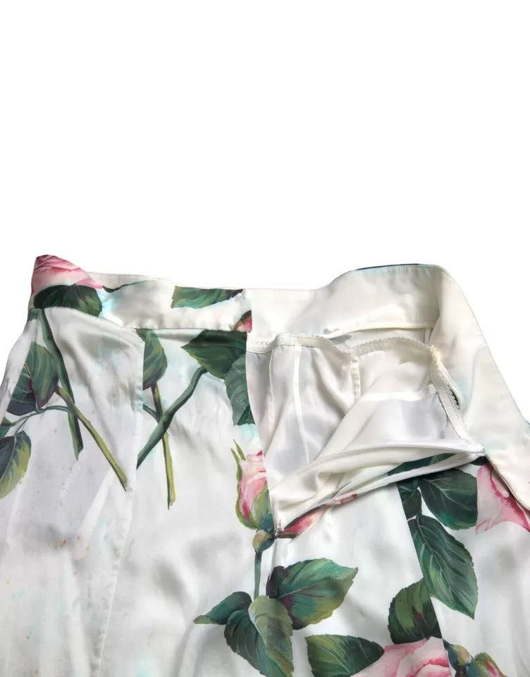 Jupe mi-longue trapèze taille haute à imprimé roses blanches Dolce & Gabbana