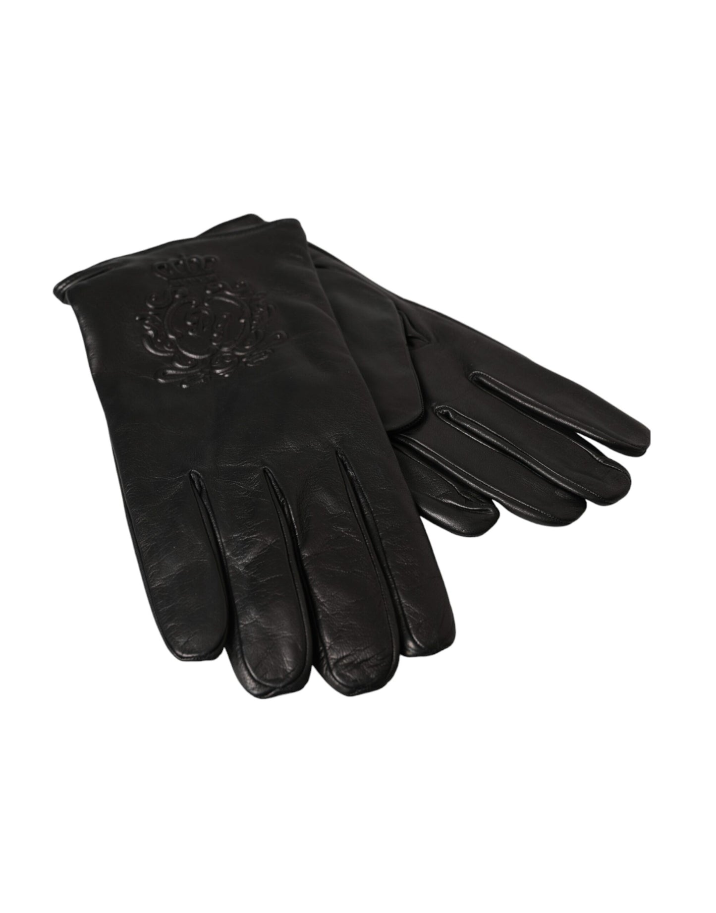 Gants courts en cuir noir Dolce & Gabbana avec logo en relief