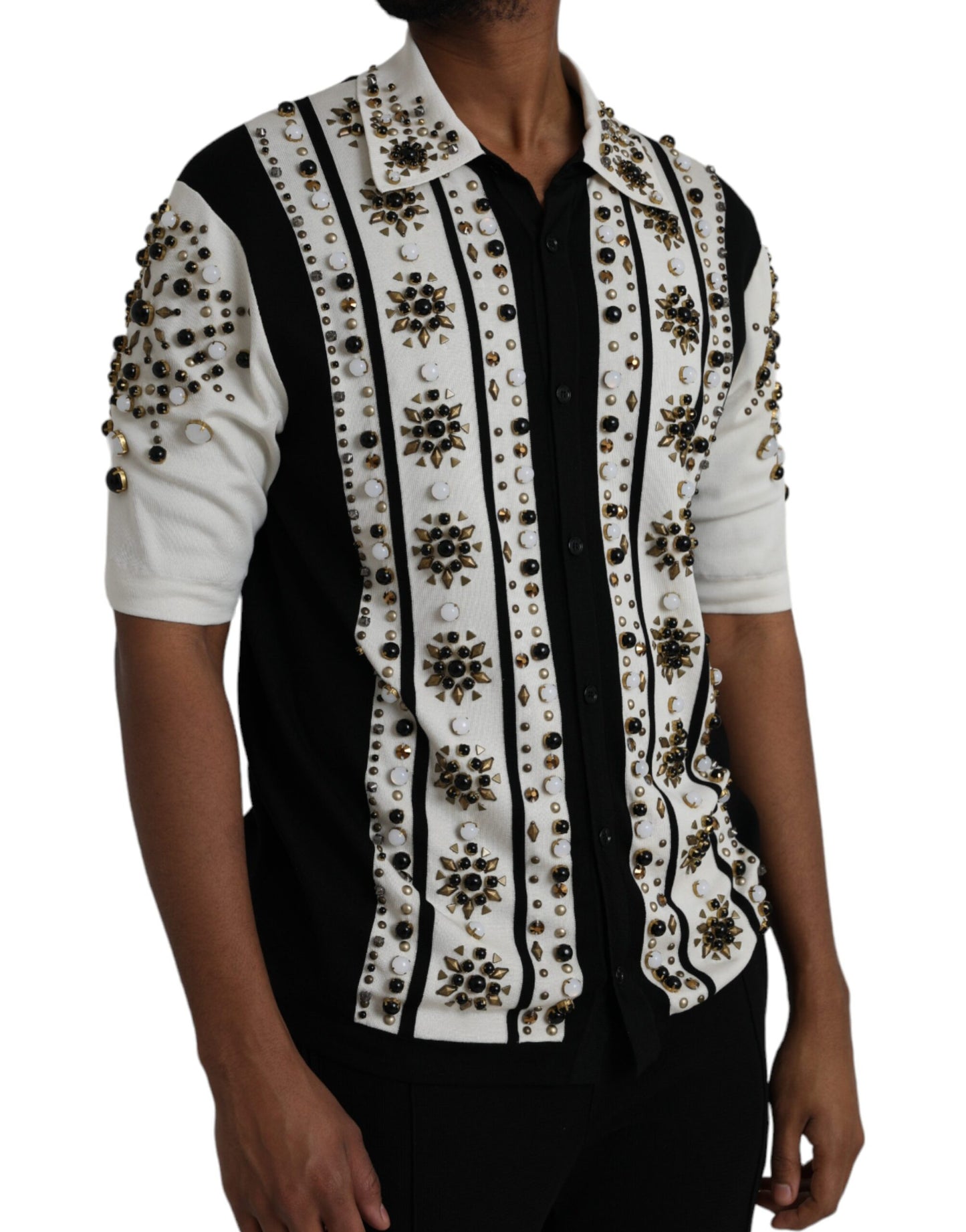 Dolce & Gabbana White Black Silk Studded Stone Crystal Shirt by Dolce & Gabbana