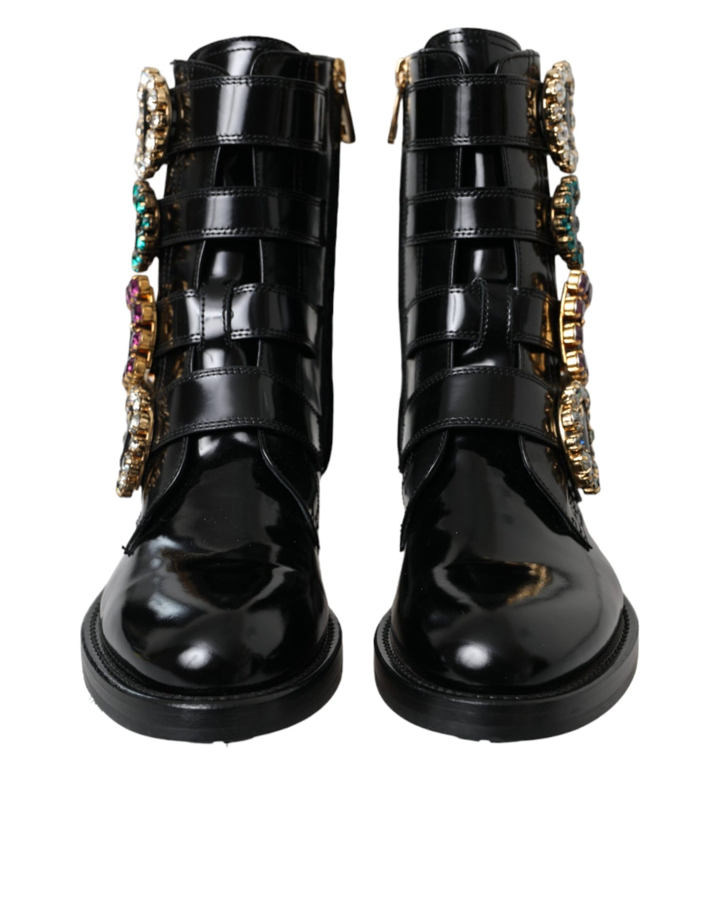 Dolce & Gabbana Bottines en cuir noir à boucles en cristal
