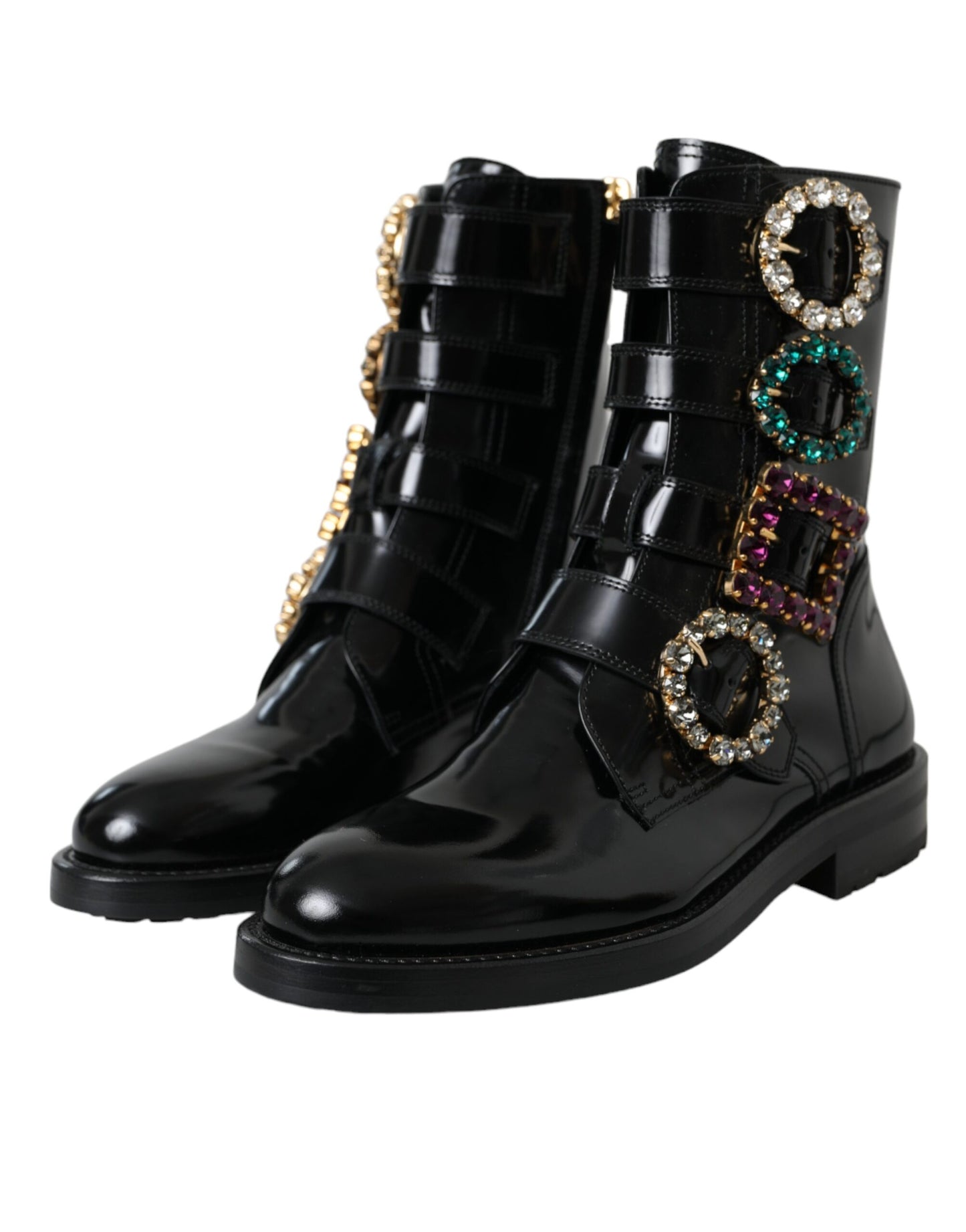 Dolce & Gabbana Bottines en cuir noir à boucles en cristal