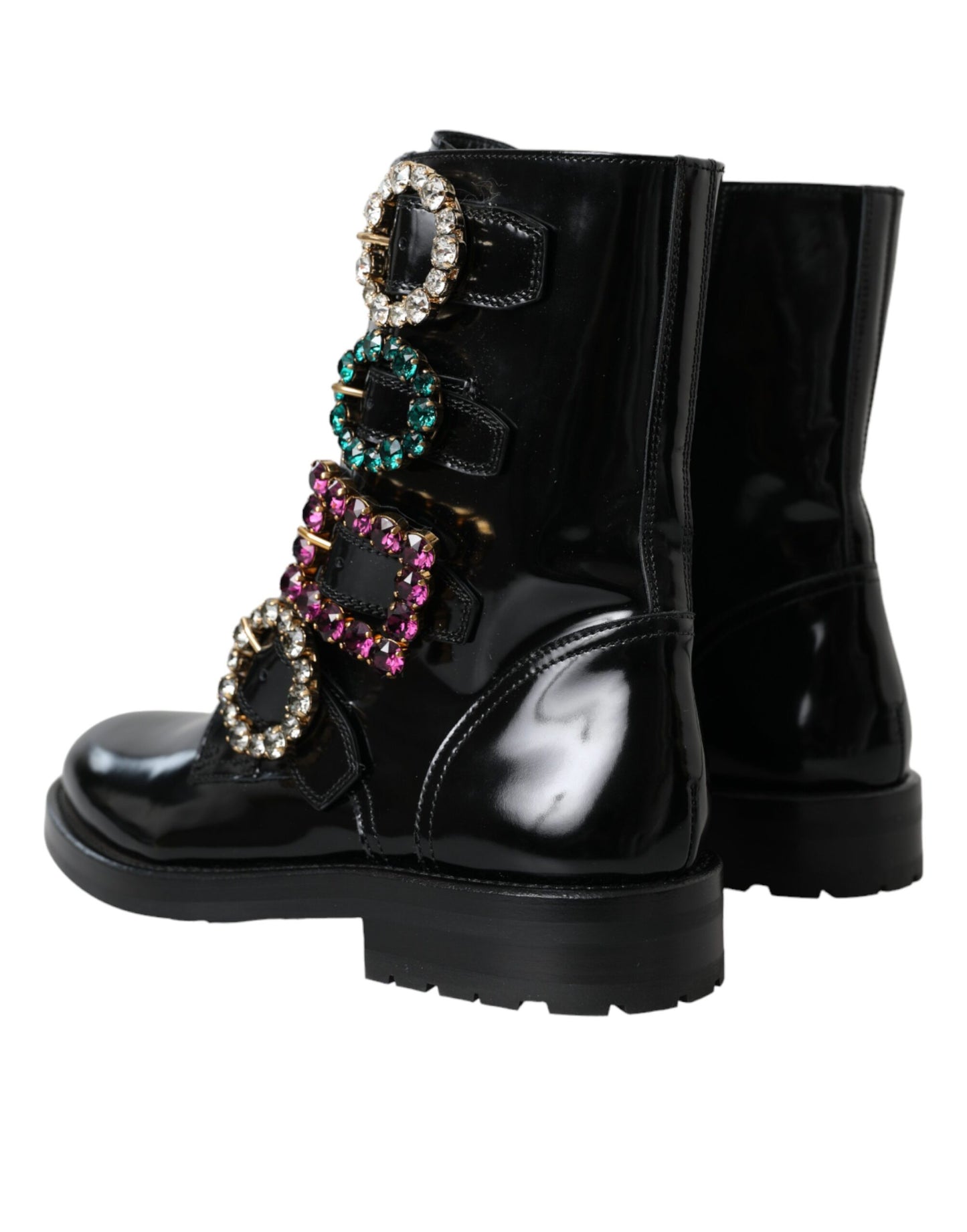 Dolce & Gabbana Bottines en cuir noir à boucles en cristal