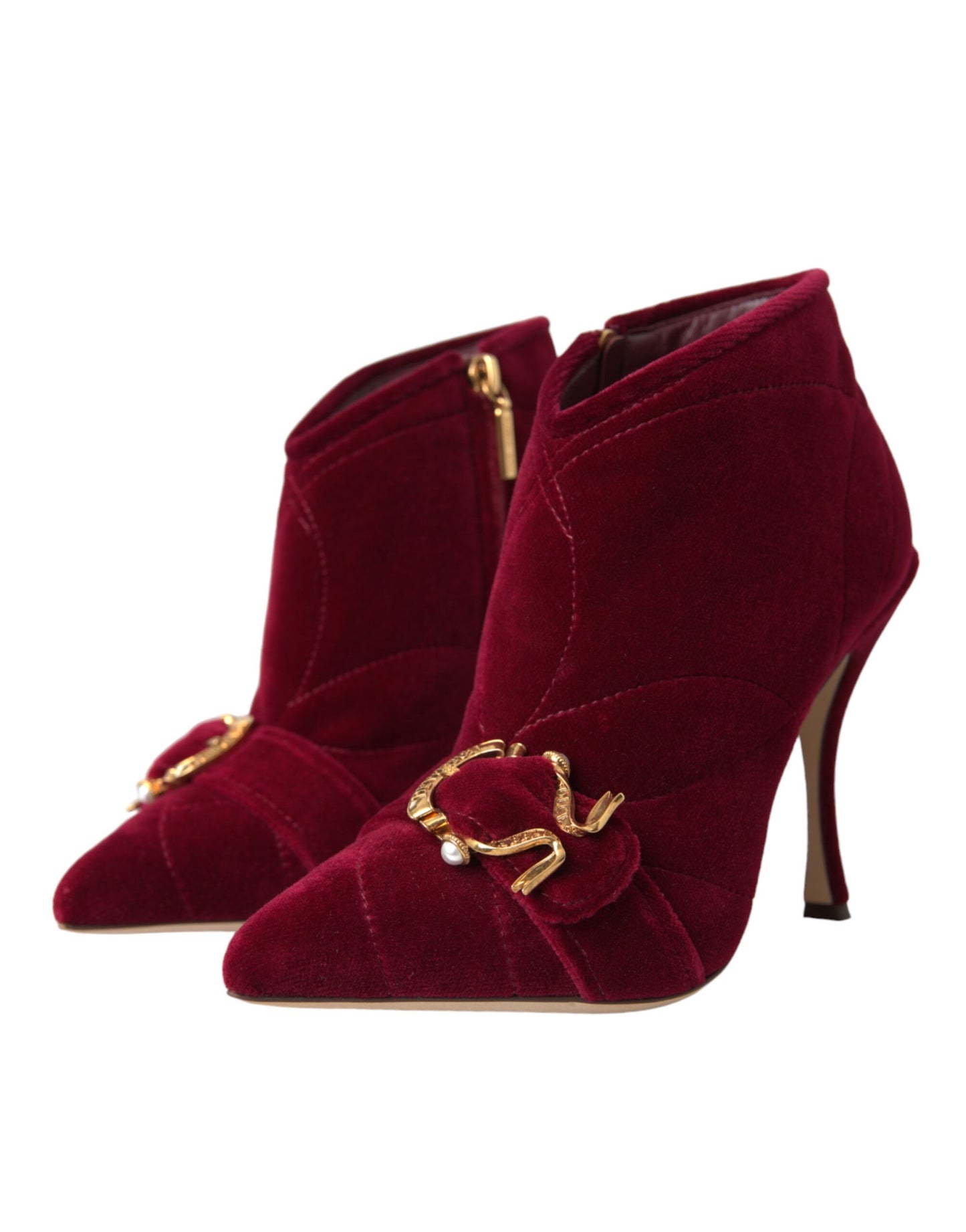 Dolce & Gabbana - Bottines à boucle en velours rouge foncé Devotion