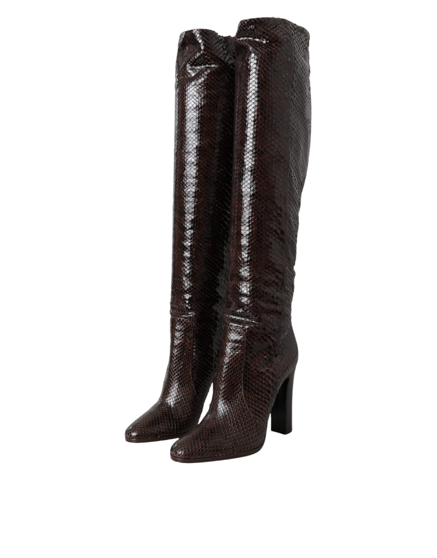 Bottes hautes à talons en cuir exotique marron Dolce & Gabbana