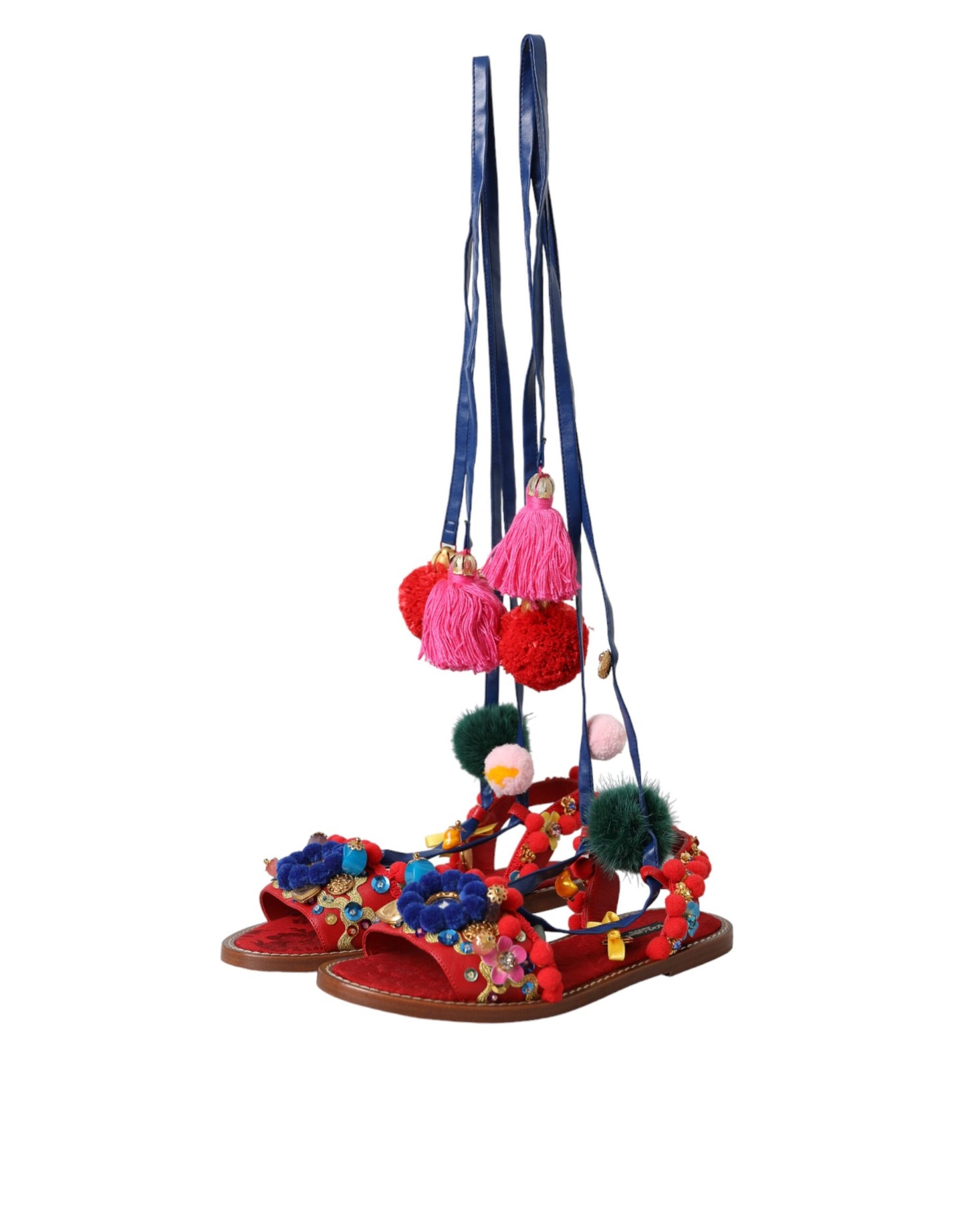 Sandales à pompons multicolores en fourrure Dolce & Gabbana