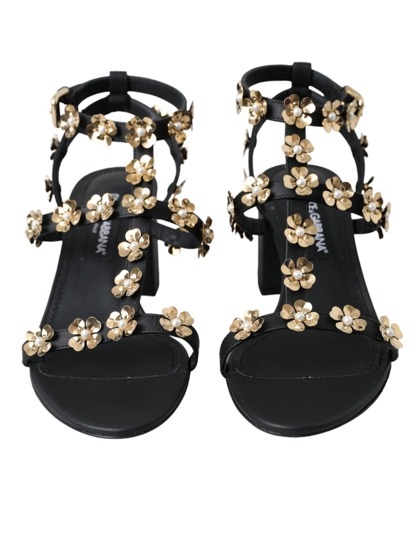 Sandales à talons ornées en cuir noir Dolce & Gabbana