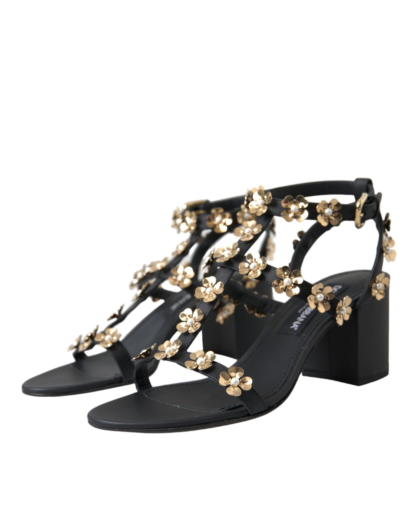 Sandales à talons ornées en cuir noir Dolce & Gabbana