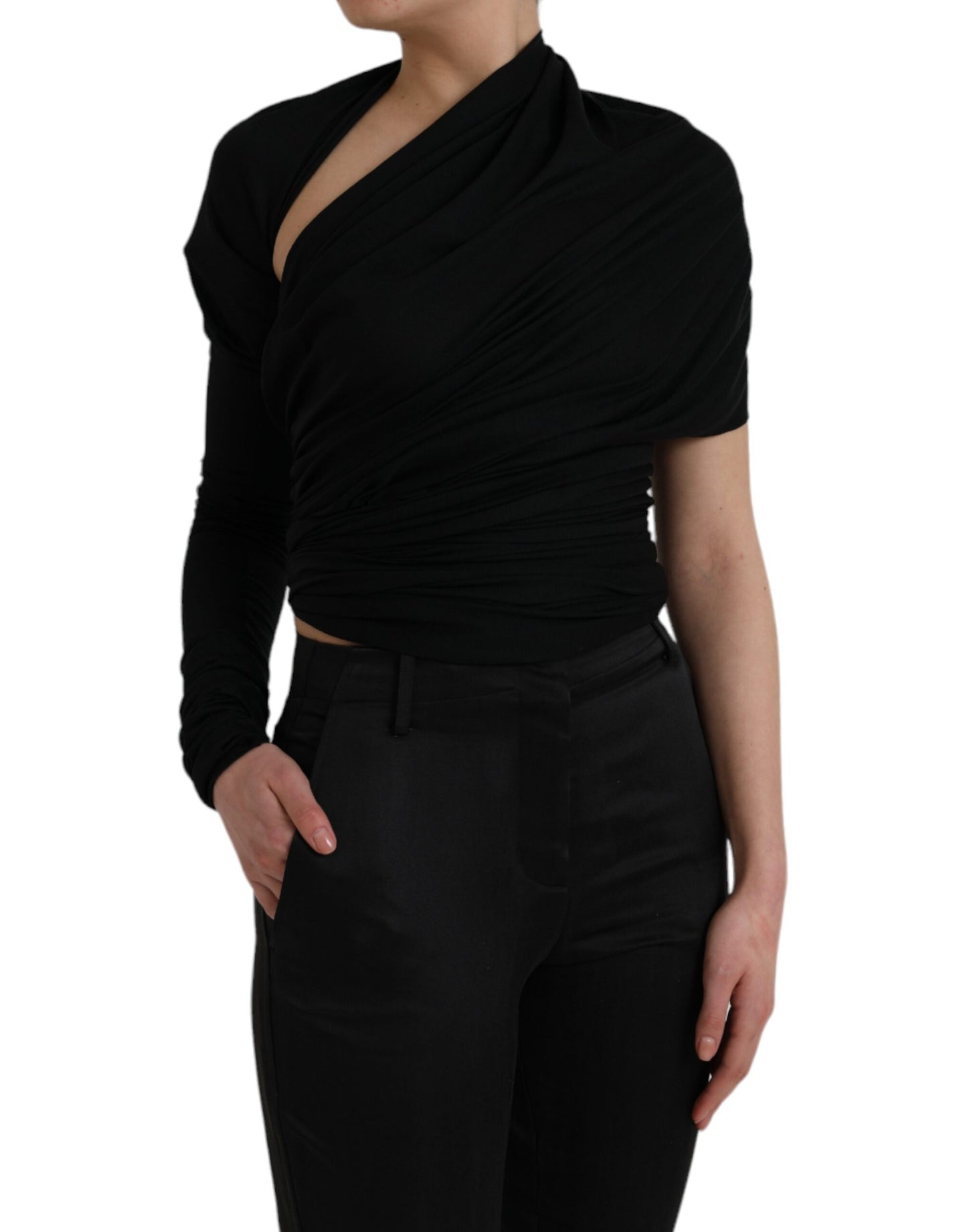Dolce & Gabbana Black Wool Cutout Asymmetric Long Sleeve Top by Dolce & Gabbana
