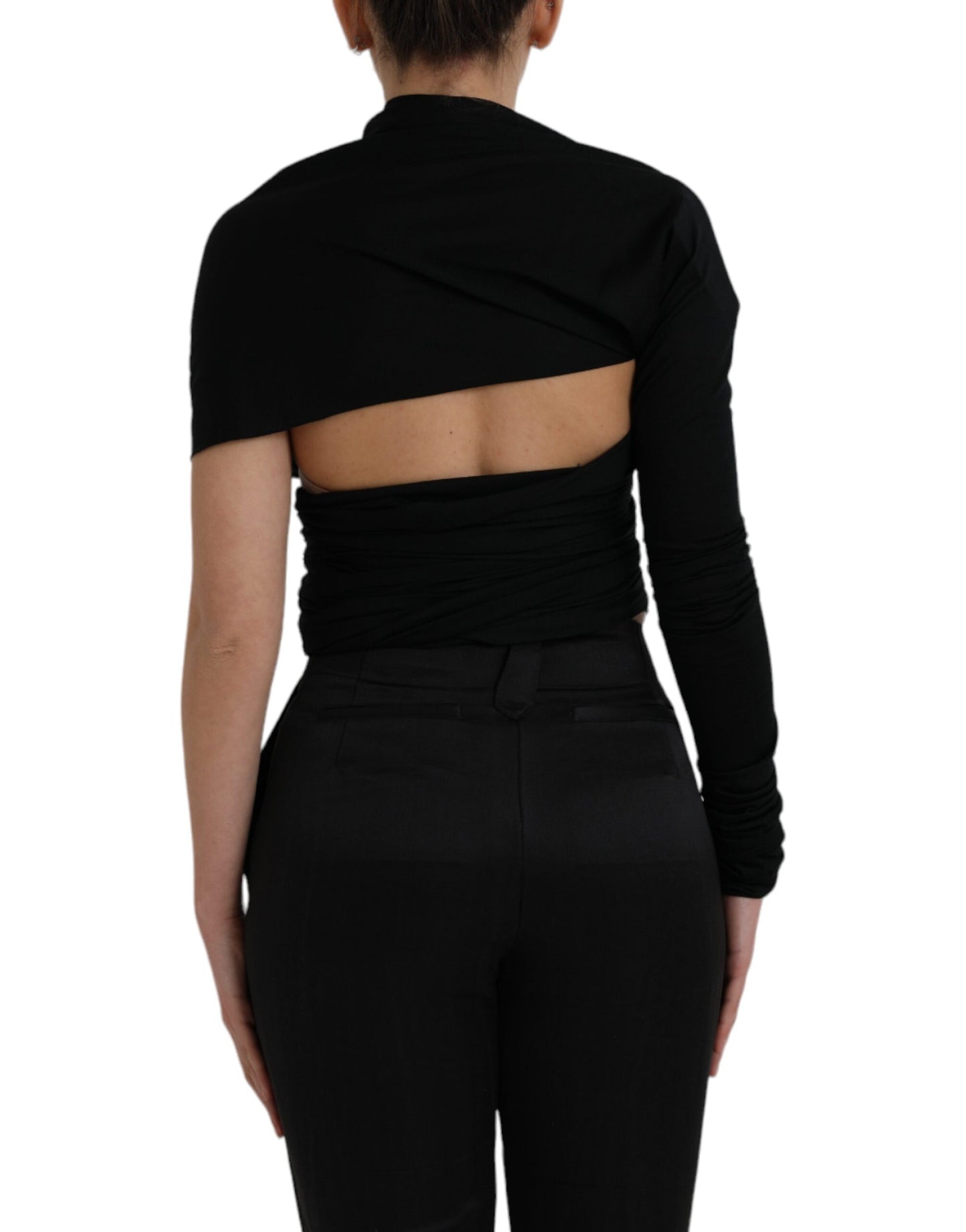 Dolce & Gabbana Black Wool Cutout Asymmetric Long Sleeve Top by Dolce & Gabbana