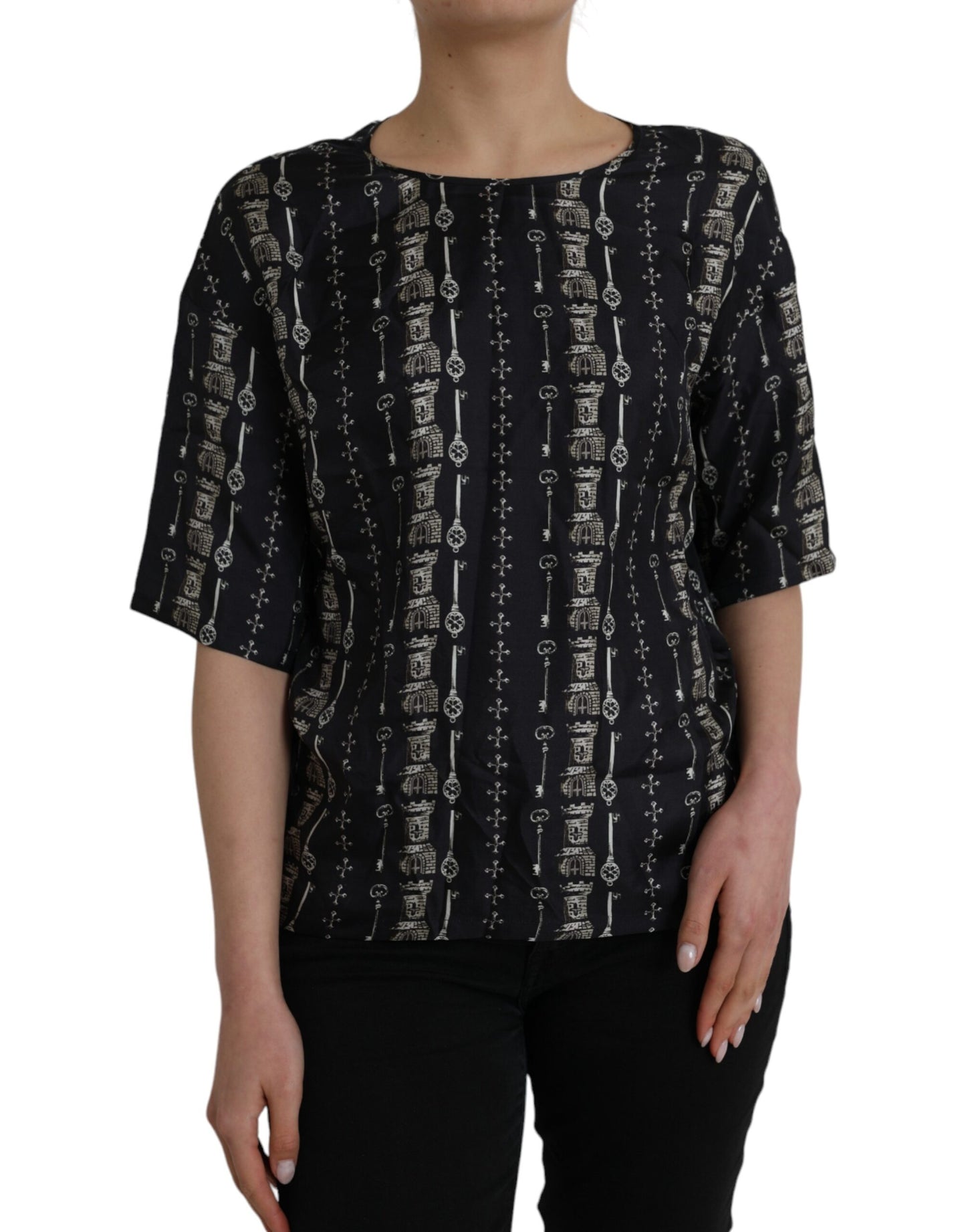 Dolce & Gabbana Black Key Castle Print Silk Blouse T-shirt by Dolce & Gabbana