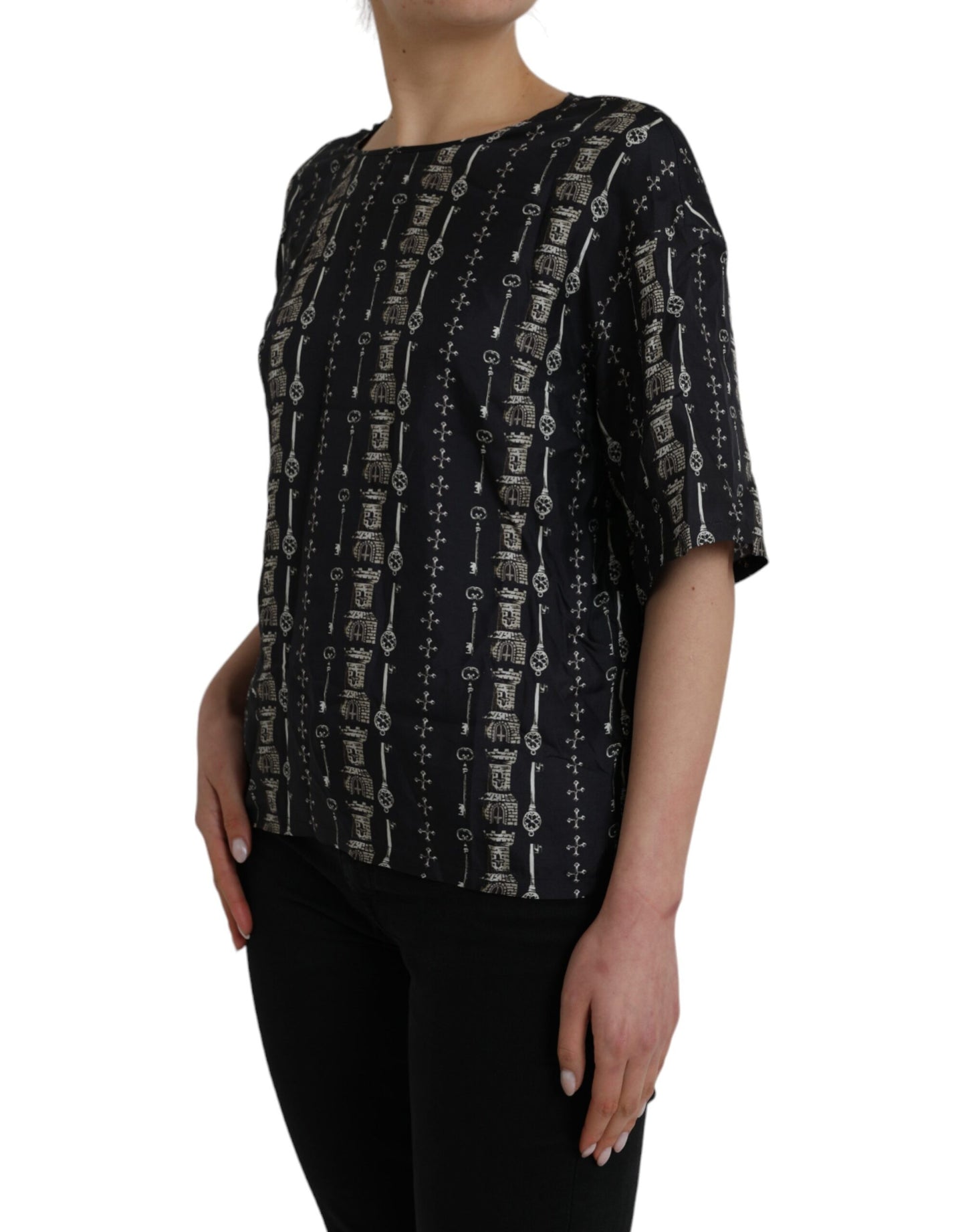 Dolce & Gabbana Black Key Castle Print Silk Blouse T-shirt by Dolce & Gabbana