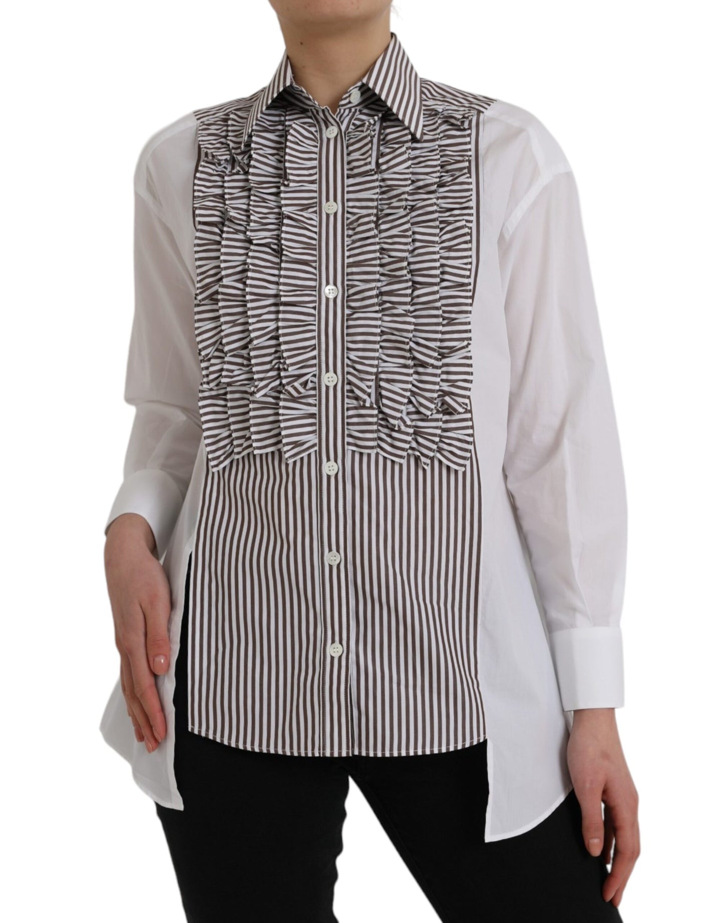 Dolce & Gabbana White Stripes Cotton Long Sleeves Ruffle Collar Top by Dolce & Gabbana