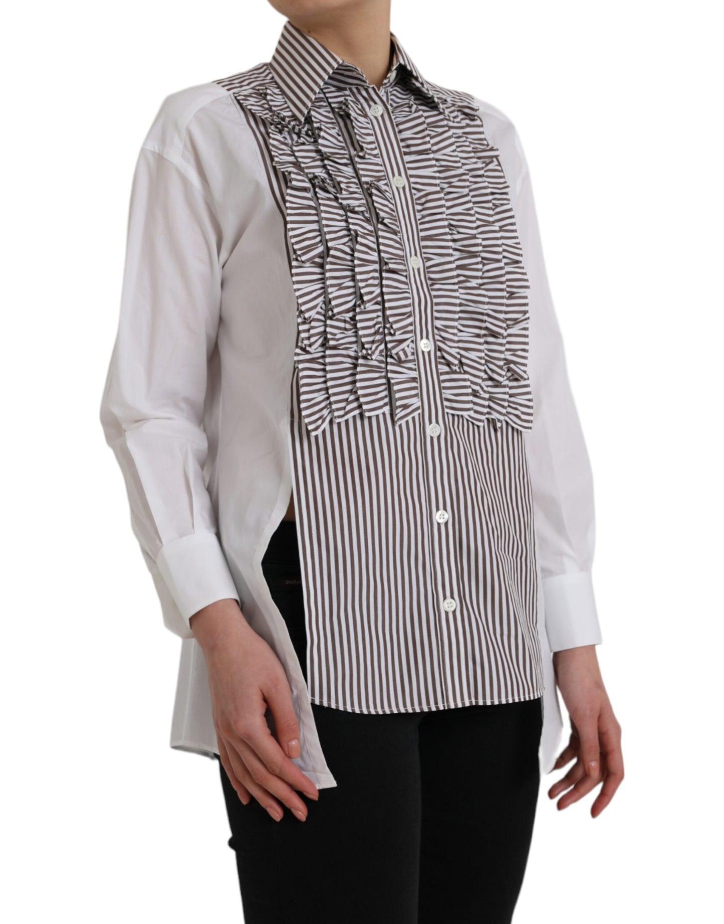 Dolce & Gabbana White Stripes Cotton Long Sleeves Ruffle Collar Top by Dolce & Gabbana