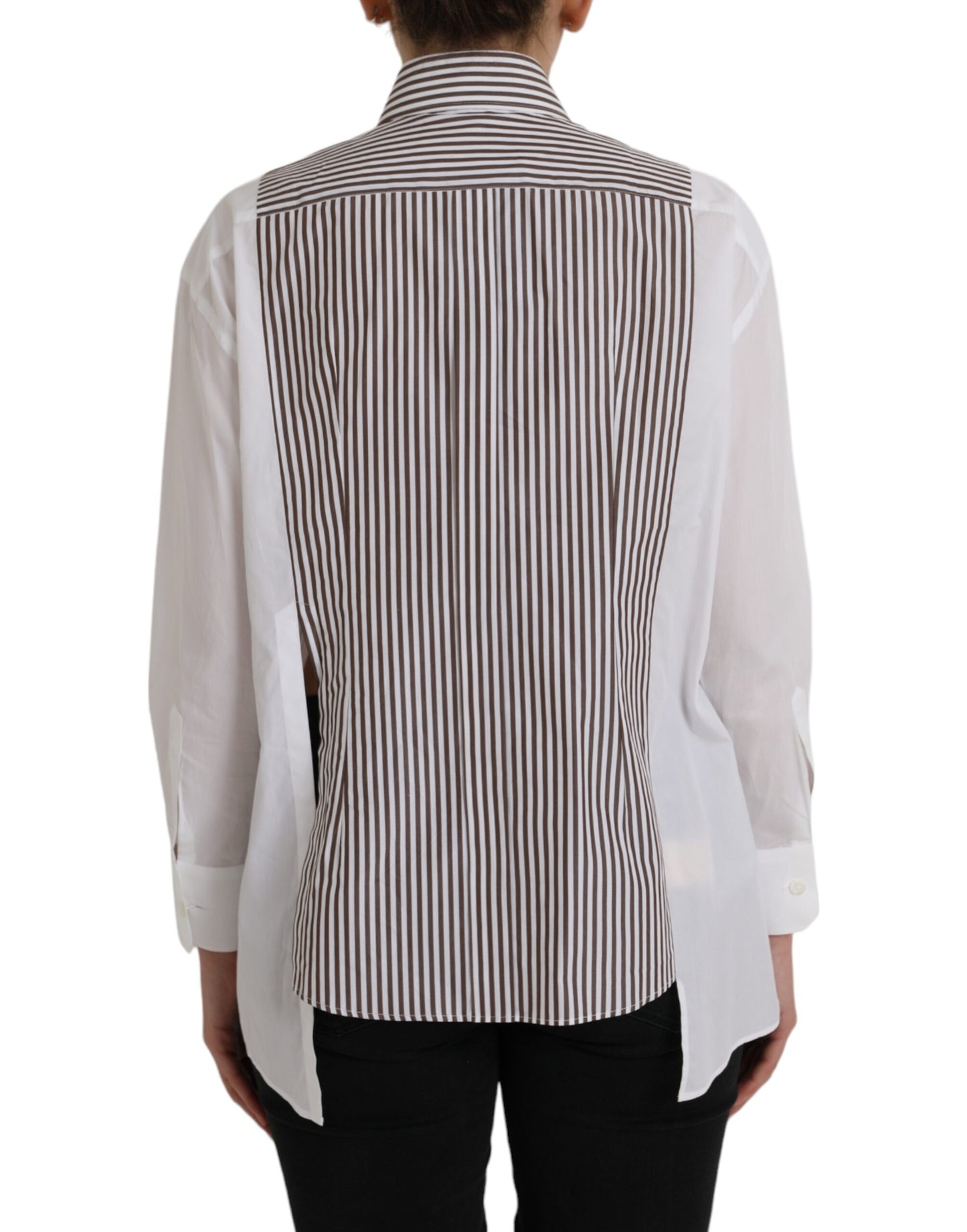 Dolce & Gabbana White Stripes Cotton Long Sleeves Ruffle Collar Top by Dolce & Gabbana