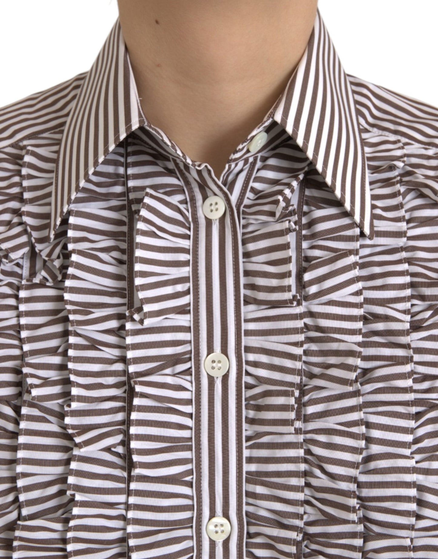 Dolce & Gabbana White Stripes Cotton Long Sleeves Ruffle Collar Top by Dolce & Gabbana