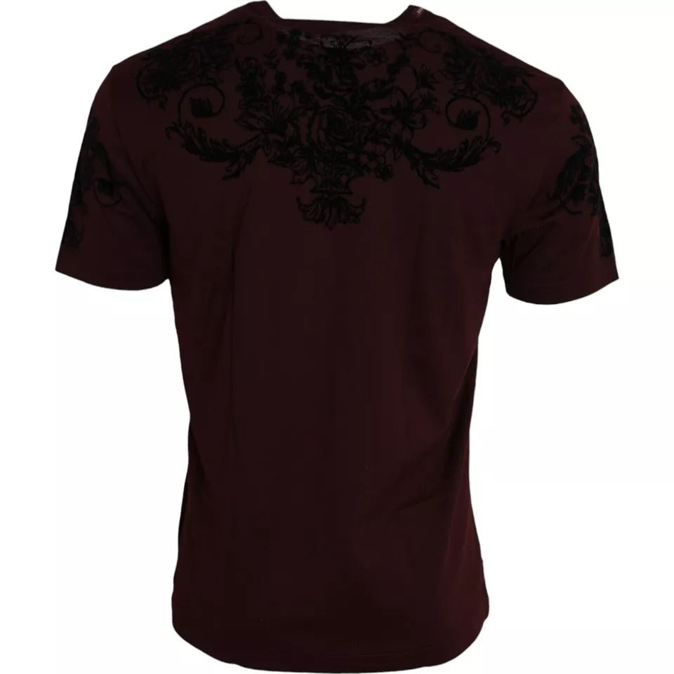 Dolce & Gabbana Maroon DG Crown Floral Crewneck Men T-shirt by Dolce & Gabbana