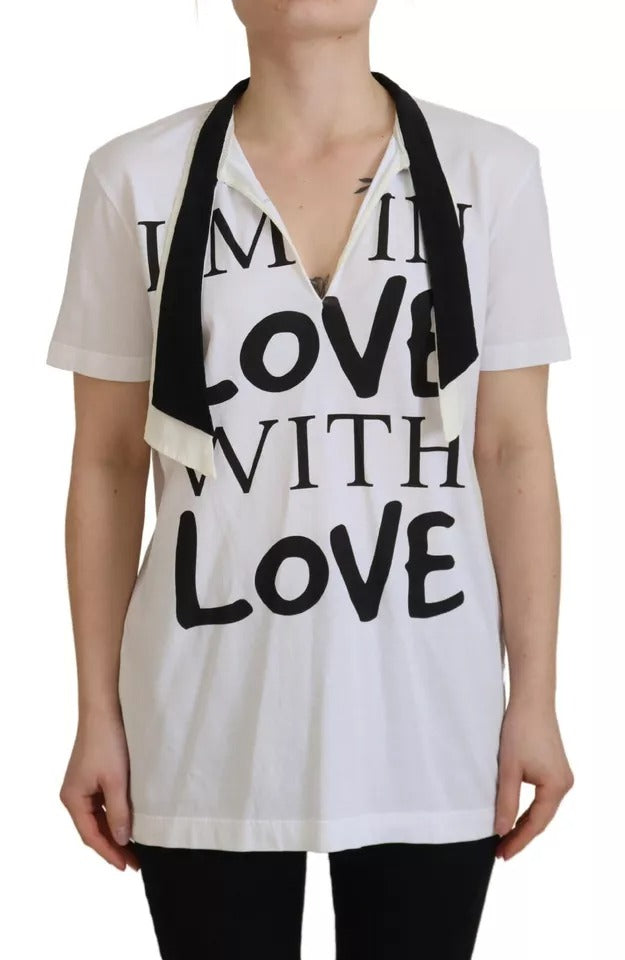 Dolce & Gabbana White Cotton Printed Ascot Collared T-shirt by Dolce & Gabbana