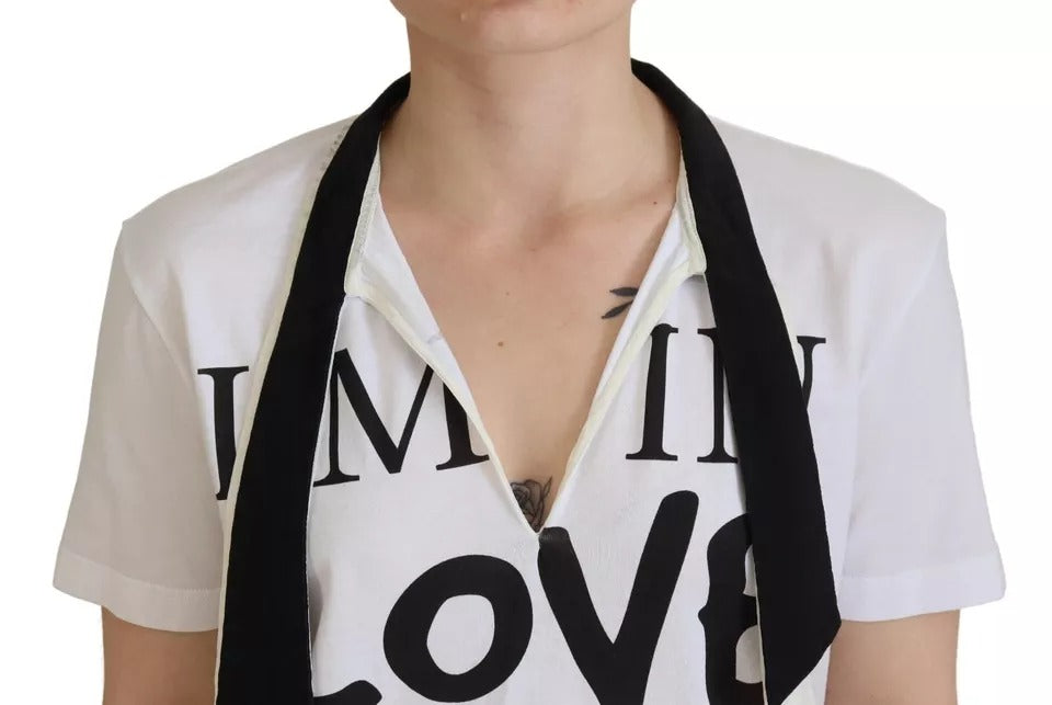 Dolce & Gabbana White Cotton Printed Ascot Collared T-shirt by Dolce & Gabbana