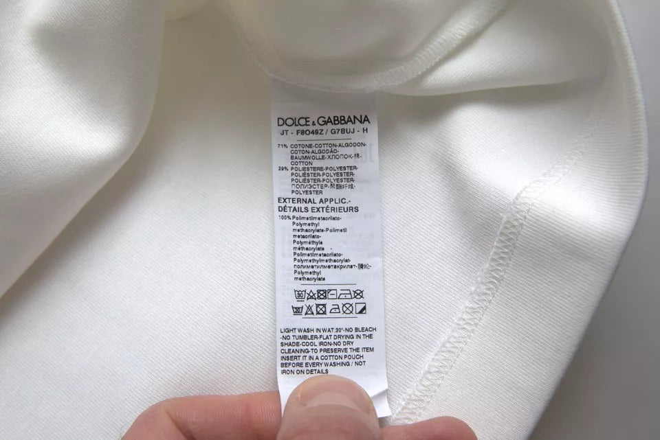 Dolce & Gabbana White Cotton Stretch Black HOT Crystal T-shirt by Dolce & Gabbana