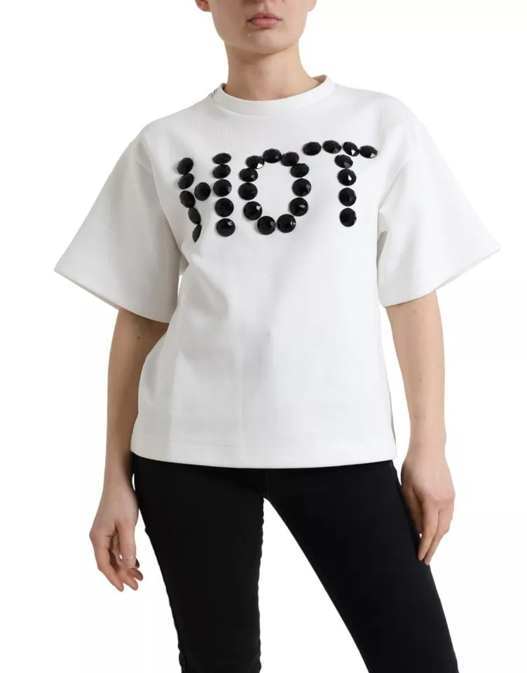 Dolce & Gabbana White Cotton Stretch Black HOT Crystal T-shirt by Dolce & Gabbana