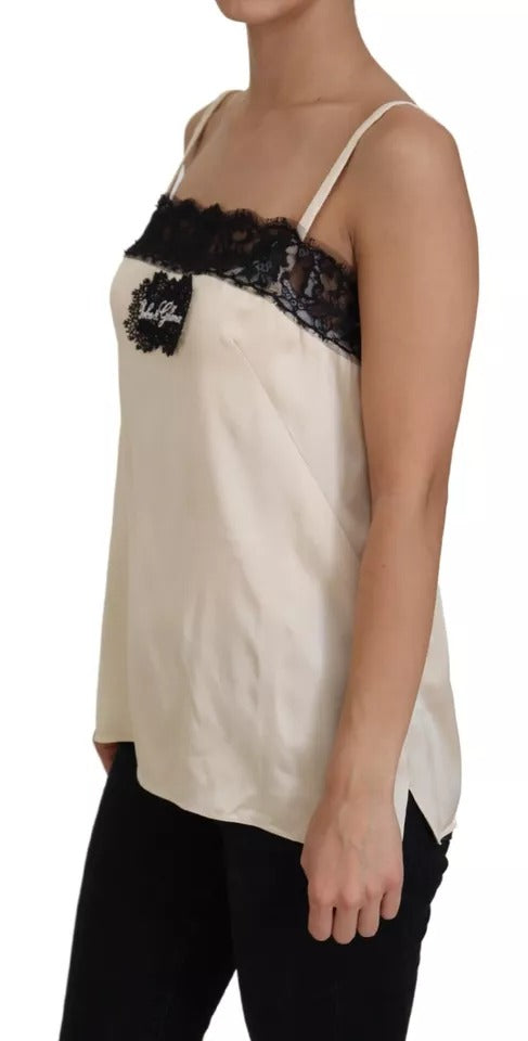 Dolce & Gabbana Beige Lace Spaghetti Logo Embroidery Top by Dolce & Gabbana
