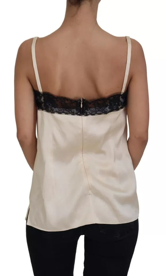 Dolce & Gabbana Beige Lace Spaghetti Logo Embroidery Top by Dolce & Gabbana
