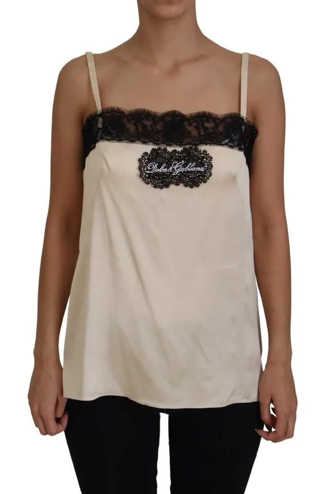 Dolce & Gabbana Beige Lace Spaghetti Logo Embroidery Top by Dolce & Gabbana