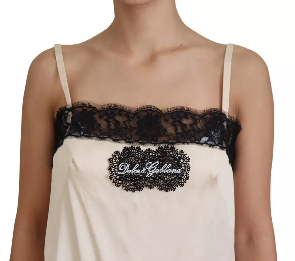 Dolce & Gabbana Beige Lace Spaghetti Logo Embroidery Top by Dolce & Gabbana