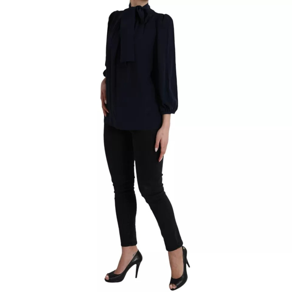 Dolce & Gabbana Blue Long Sleeves Ascot Collar Blouse Top by Dolce & Gabbana