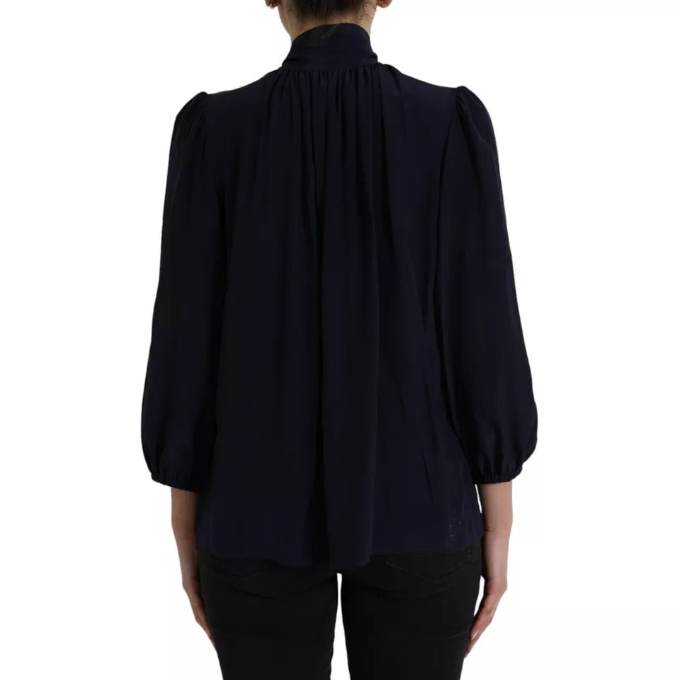 Dolce & Gabbana Blue Long Sleeves Ascot Collar Blouse Top by Dolce & Gabbana