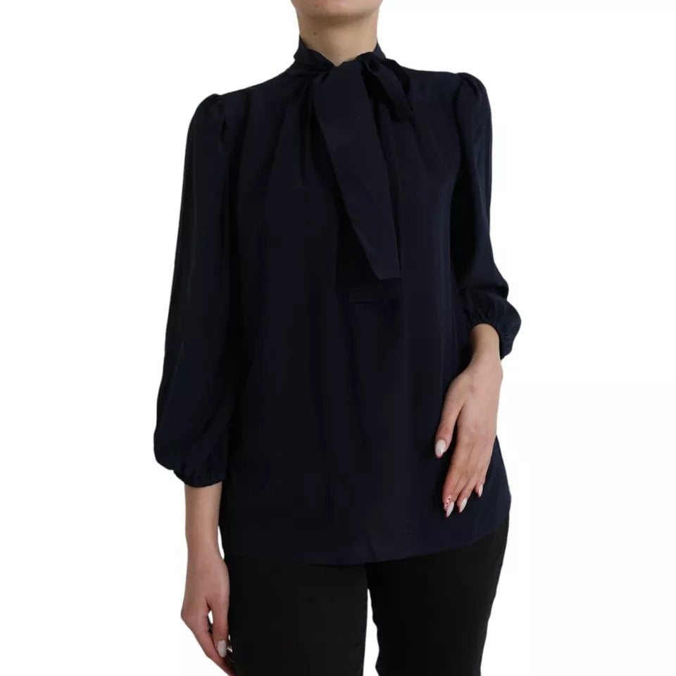 Dolce & Gabbana Blue Long Sleeves Ascot Collar Blouse Top by Dolce & Gabbana