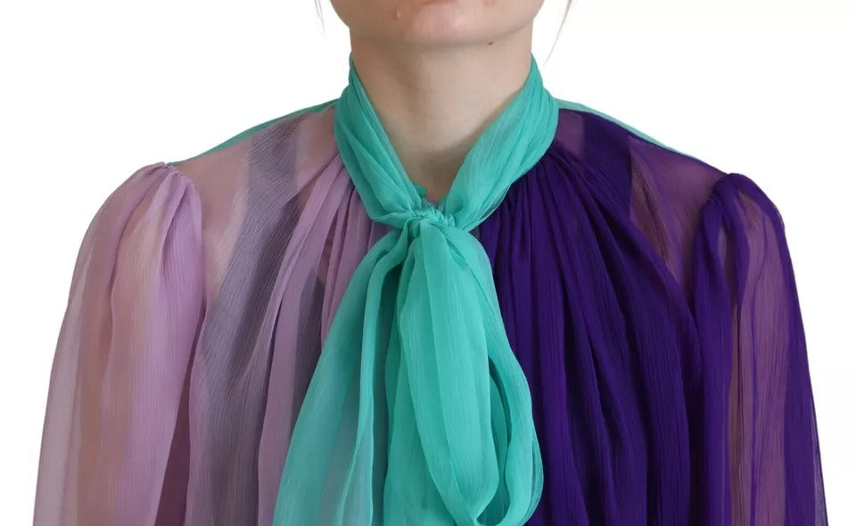 Dolce & Gabbana Multicolor Long Sleeves Ascot Collar Silk Top by Dolce & Gabbana