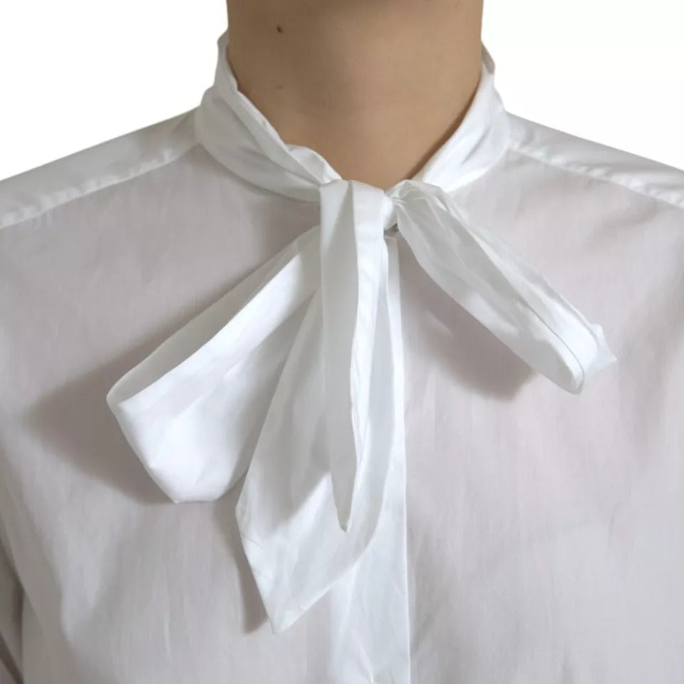 Dolce & Gabbana White Cotton Ascot Collar Long Sleeves Top by Dolce & Gabbana