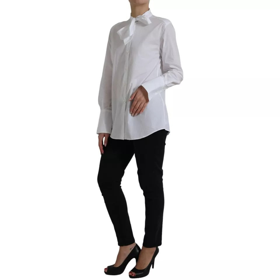 Dolce & Gabbana White Cotton Ascot Collar Long Sleeves Top by Dolce & Gabbana