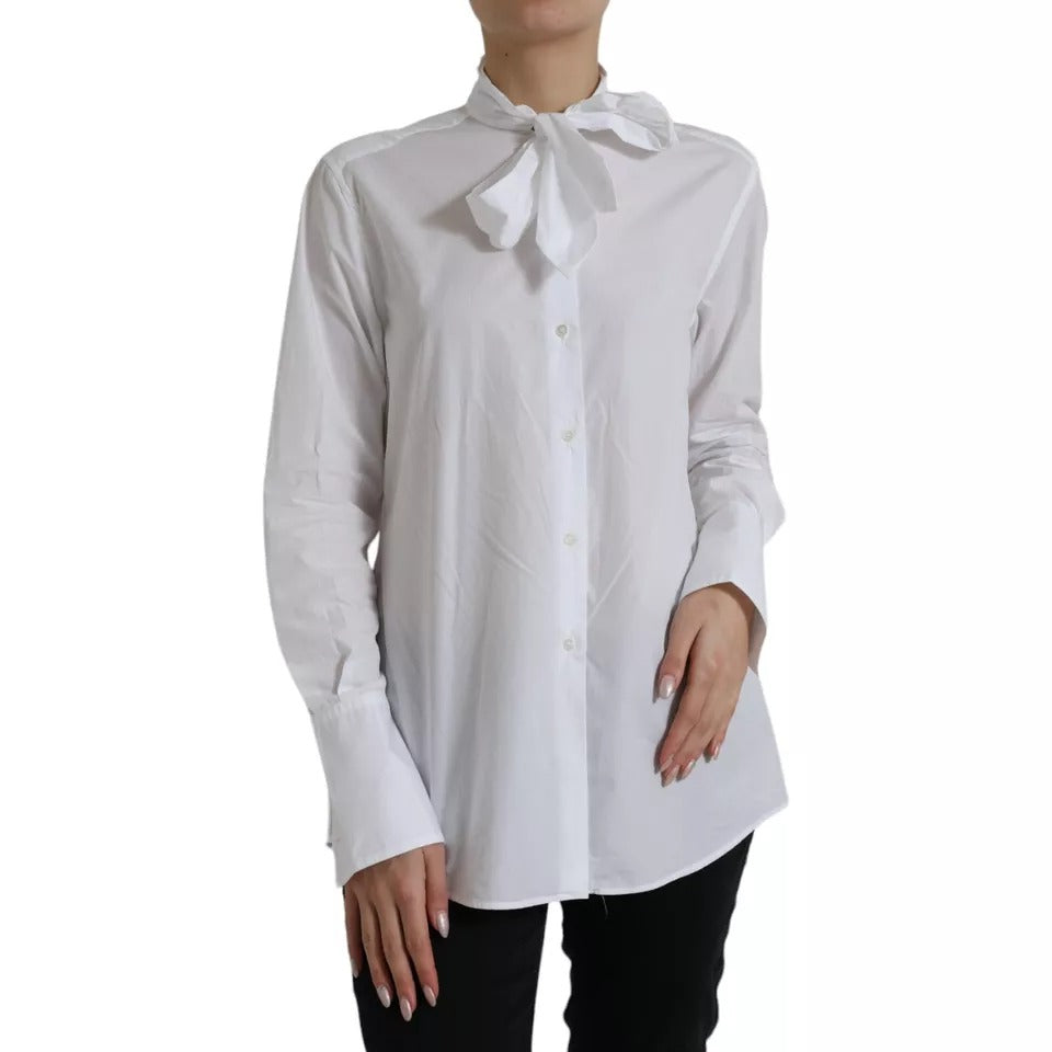 Dolce & Gabbana White Cotton Ascot Collar Long Sleeves Top by Dolce & Gabbana