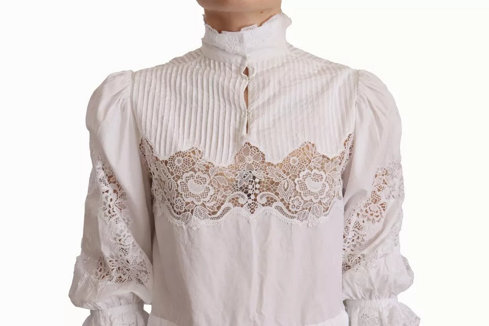 Dolce & Gabbana White Cotton Lace Trim Turtle Neck Blouse Top by Dolce & Gabbana
