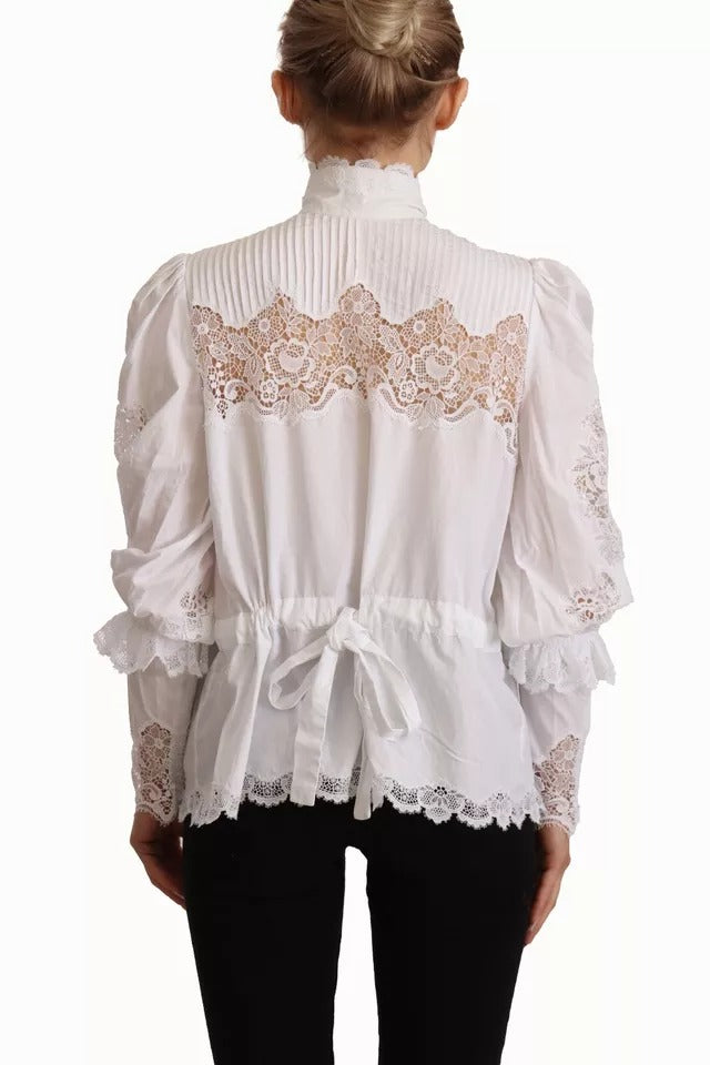 Dolce & Gabbana White Cotton Lace Trim Turtle Neck Blouse Top by Dolce & Gabbana