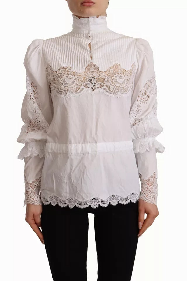 Dolce & Gabbana White Cotton Lace Trim Turtle Neck Blouse Top by Dolce & Gabbana