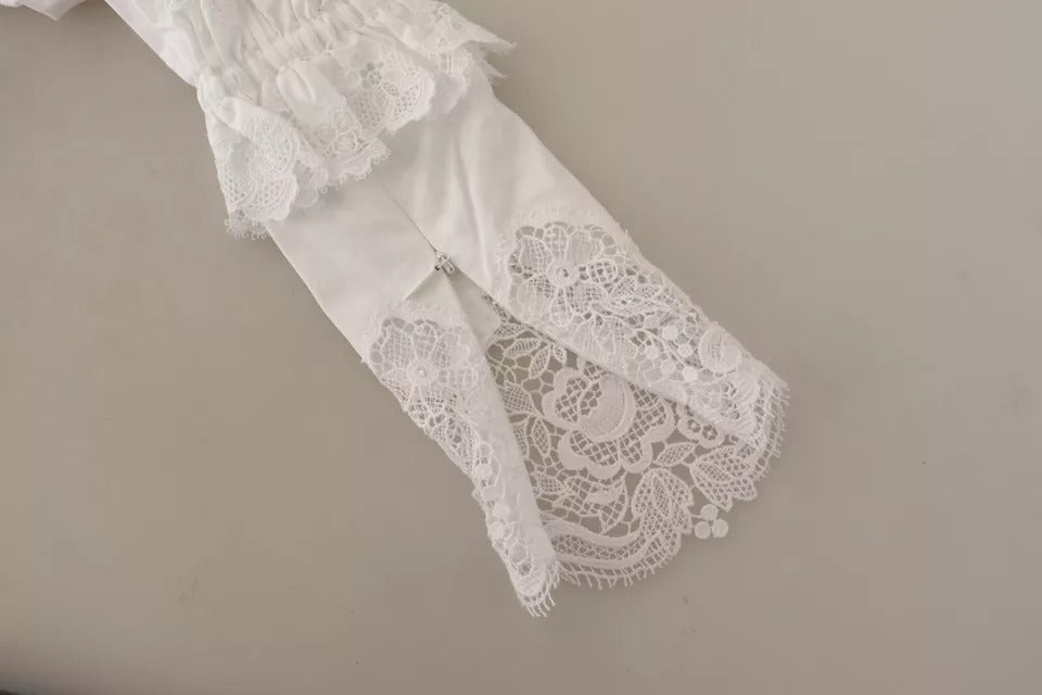 Dolce & Gabbana White Cotton Lace Trim Turtle Neck Blouse Top by Dolce & Gabbana