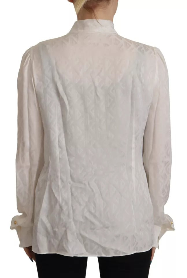 Dolce & Gabbana White Patterned Silk Ascot Collar Blouse Top by Dolce & Gabbana