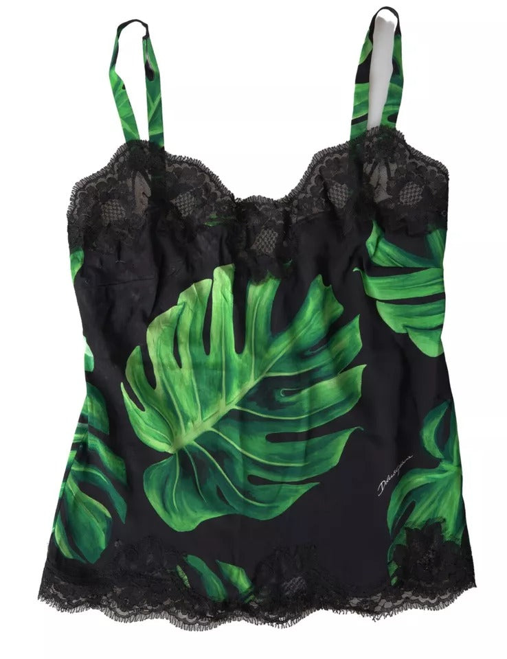 Sous-vêtement caraco en soie imprimé philodendron noir Dolce & Gabbana