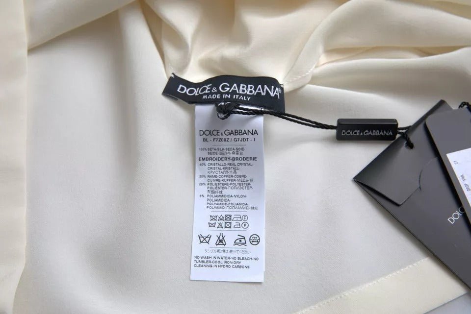 Dolce & Gabbana White Silk Crystal 3/4 Sleeves Blouse Top by Dolce & Gabbana
