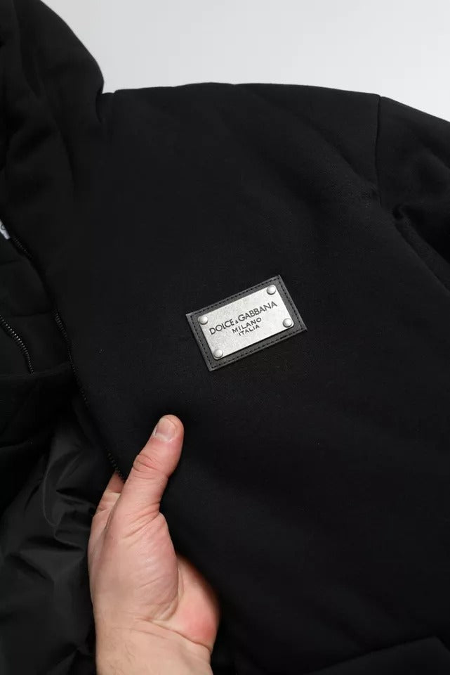 Dolce & Gabbana Veste bomber à capuche en coton noir avec logo pour homme
