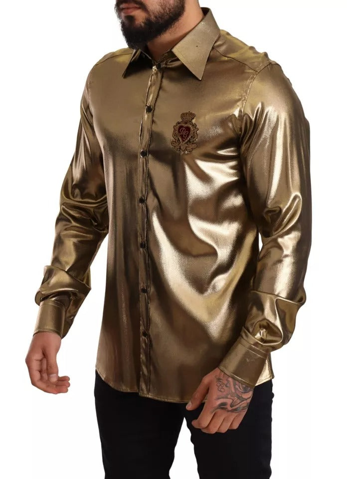 Dolce & Gabbana Metallic Gold DG Embroidered Crown Silk Top Shirt by Dolce & Gabbana
