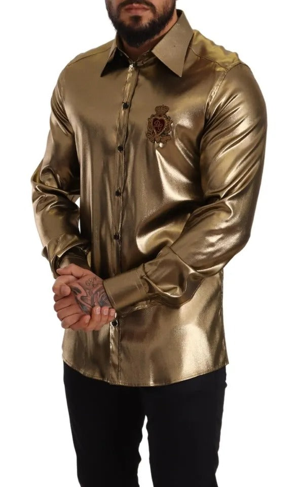 Dolce & Gabbana Metallic Gold DG Embroidered Crown Silk Top Shirt by Dolce & Gabbana