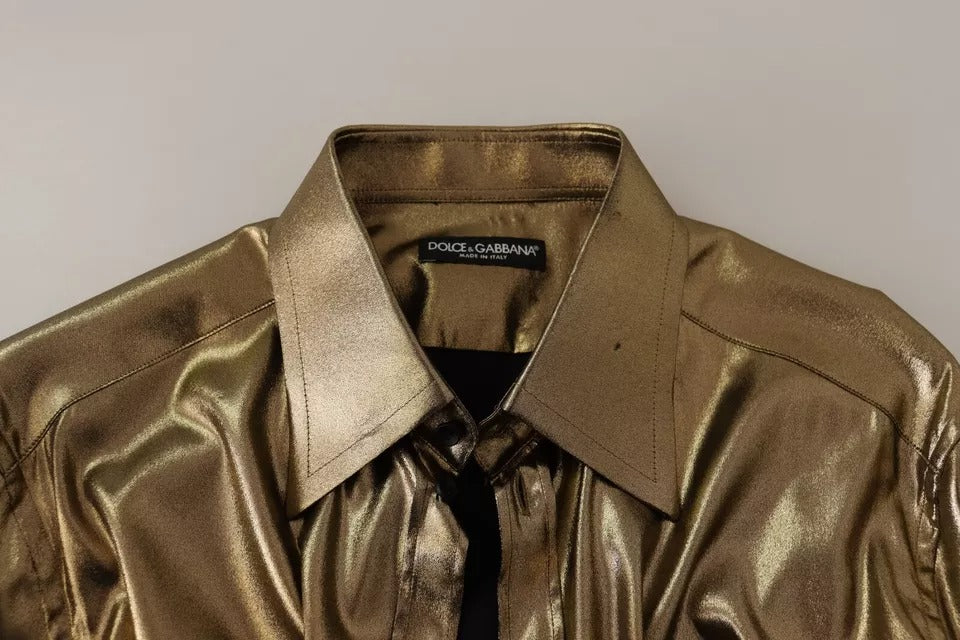 Dolce & Gabbana Metallic Gold DG Embroidered Crown Silk Top Shirt by Dolce & Gabbana